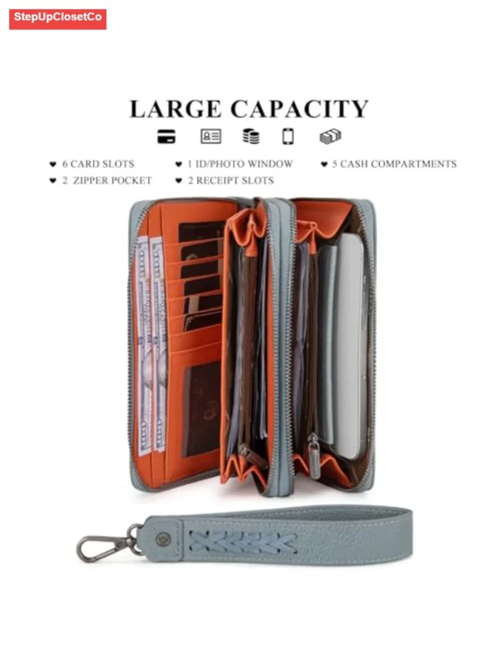 RFID Faux Leather Wristlet Clutch Wallet with Detachable Strap